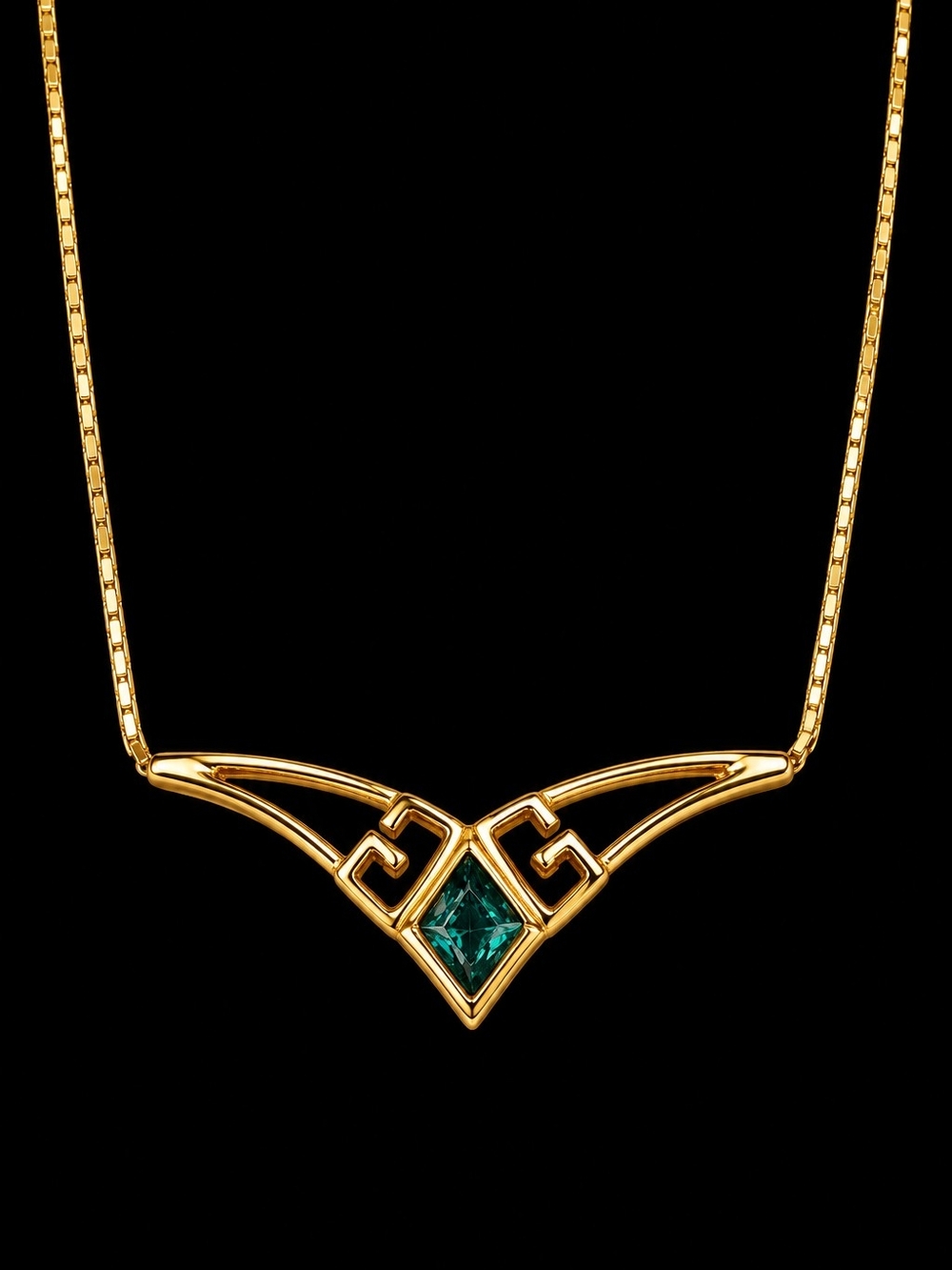 Vintage 1980s GIVENCHY Paris New York Gold Tone Green Glass Geometric Necklace